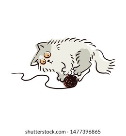 Cute light grey cat playing with yarn ball, funny cartoon drawing of fluffy kitten lying on the floor and having fun with a toy, domestic animal behavior - isolated vector illustration