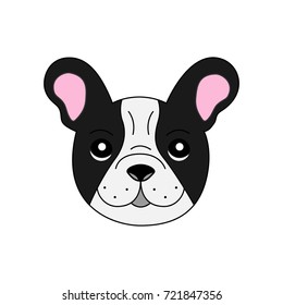 Cute light grey French Bulldog with black spots, vector illustration. Frenchie's head, face isolated on white background.  