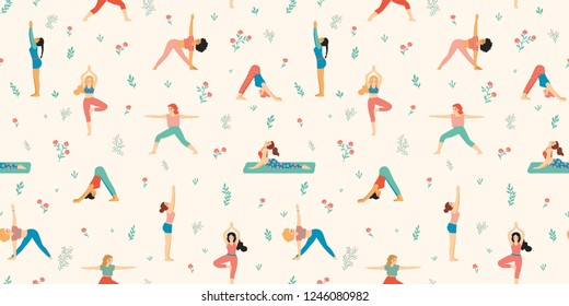 Cute light outdoor yoga women pattern, seamless vector repeat in soft pastel colors. Modern simplified illustration style. Great for textile design, paper products etc.