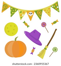 Cute light set for Halloween, on an isolated white background, pumpkin, candy, witch hat, moon, broom, for decorating postcards, website, scary Halloween, 10 eps, vector illustration
