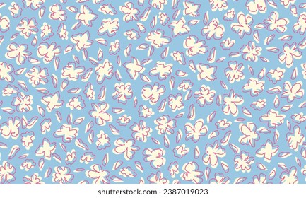 Cute light shadows with outlined flowers seamless repeat pattern on light blue background. Random placed, vector botany all over surface print.