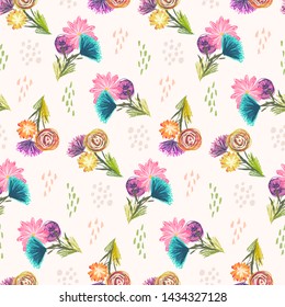 Cute light sketchy seamless pattern with orange, blue and pink flowers bouquets and colorful dots. Childish scandinavian floral texture for textile, wrapping paper, surface, wallpaper