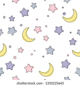 Cute light stars seamless pattern. Sweet dreams background. Vector illustration for xmas wallpaper, wrap, fabric, textile, cloth or package design. Baby shower background or invitation template