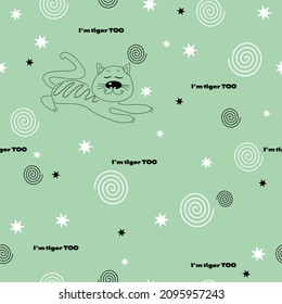 cute light turquoise vector pattern with a cartoon cat that says "I'm a tiger too" and stars