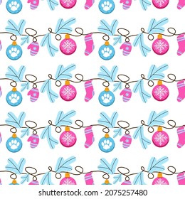 Cute light vector seamless pattern with winter and Christmas decorations, fir branches, balls, socks, mittens. Good as border