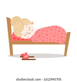Cute light-haired little girl lovely sleeping in a wooden bed under the red blanket. Vector illustration in flat cartoon style.