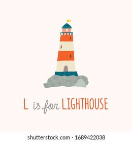 Cute lighthouse. Baby shower. Nursery art. L is for Lighthouse. Cartoon hand drawn10 illustration isolated on white background in a flat style