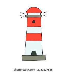 Faro bonito. Navegación marina. Arte de guardería. Ilustración dibujada a mano en un fondo blanco de estilo plano. Vector. Doodle. Dibujado a mano.
