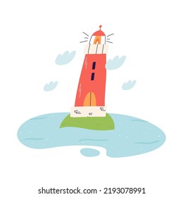 Cute lighthouse on island in the middle of sea or ocean, flat vector illustration isolated on white background. Cartoon coast building with navigation light.