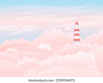 Cute lighthouse in pink clouds, landscape, dreamy, fabulous. Evening or morning view background. Fantasy horizontal poster.