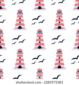 cute lighthouse seamless pattern, cartoon flat vector illustration on white background, nautical and marine print with lighthouse and seagulls, cute background for kids