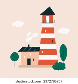 Cute lighthouse surrounded by green trees and white clouds. Simple illustration in flat style. Scandinavian lighthouse with windows and smoke from a chimney. Vector stock illustration.