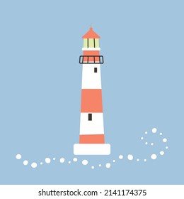 Cute lighthouse and wave. Concept for children print. Vector illustration on a blue background. Scandinavian style flat design.