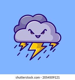 cute lightning cloud mascot illustration vector cartoon icon.