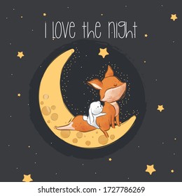 Cute liitle fox bunny on the moon illustration for kids