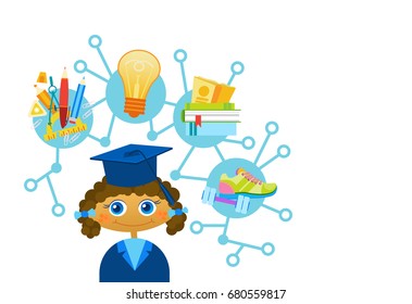 Cute Liitle Girl Weating Graduation Cap And Gown Happy Cartoon Kid Scientist Flat Vector Illustration