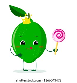 Cute lime cartoon character with crown holds a lollipop.Vector illustration, a flat style.