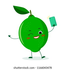 Cute lime cartoon character with a smartphone and does selfie. Vector illustration, a flat style.