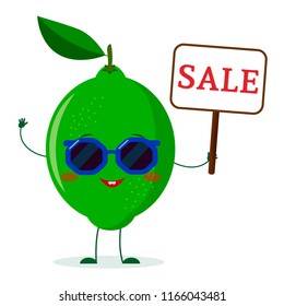 Cute lime cartoon character in sunglasses keeps a sale sign. Vector illustration, a flat style.