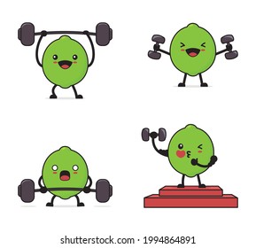 cute lime cartoon. with exercise equipment, dumbbells, barbells.