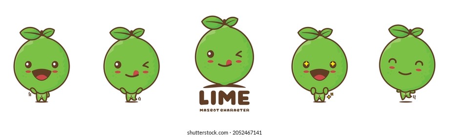 cute lime cartoon mascot, fruit vector illustration, with different facial expressions and poses, isolated on white background