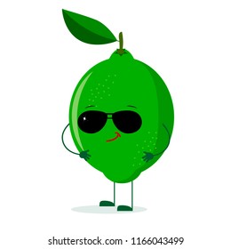 A cute lime character in the style of a cartoon in sunglasses. Vector illustration, a flat style.