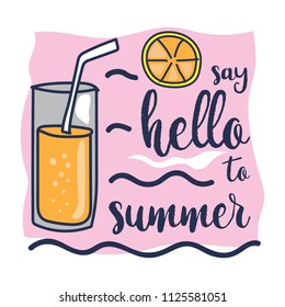 Cute lime drink with lemon slice. Fun summer holidays cards. Hello summer hand drawn style vector illustration