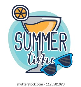Cute lime drink with lemon slice an sun glasses. Fun summer holidays cards. Hello summer hand drawn style vector illustration