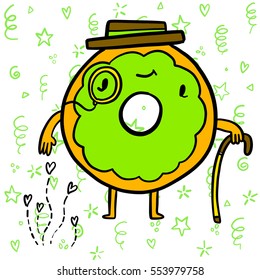 Cute lime green gentleman donut holding a cane wearing a straw hat. Pastel doodle background.