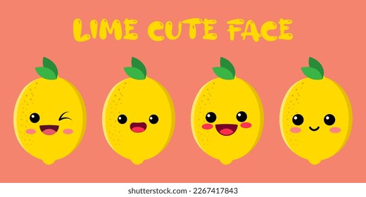 CUTE LIME ,HAPPY CUTE SET OF SMILING LIME FACE . VECTOR ILLUSTRATION