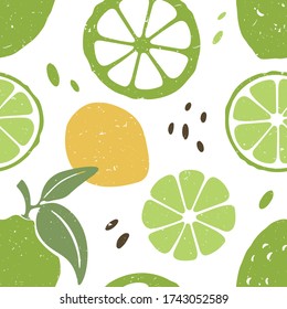 Cute lime seamless pattern. Ripe lime and lime lobules on white background. Vector shabby hand drawn illustration