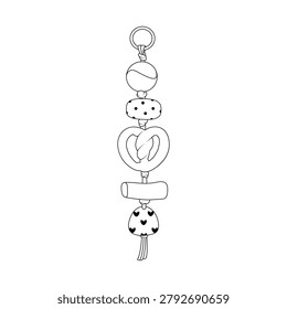 Cute line art beaded accessory with pretzel charm and decorative beads. Minimal hanging toy or pet toy design isolated on white background.
