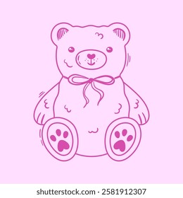 Cute line art bear with bow. Hand drawn coquette toy. Valentine's day gift, romantic symbol. Vector y2k design