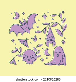 Cute Line Art Black Magic Elements Collection. Cute Evil Magic Vector Illustration Set. 