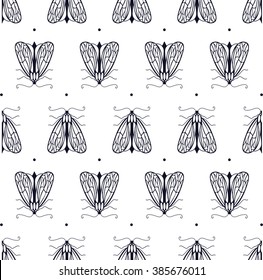 Cute line art black and white seamless pattern with night moth or butterflies and dotty isolated background in vector. Abstract wallpaper with ornamental elements of insect. Elegant design for any use