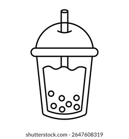 Xícara de chá de bolha de arte de linha bonito com pérolas de tapioca e tampa de cúpula isolada no fundo branco