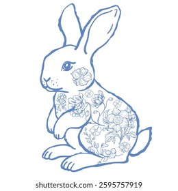 Cute Line Art Bunny with Florals. Vector Illustration.