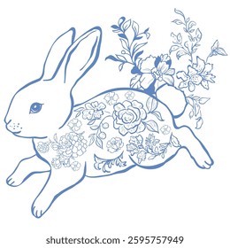 Cute Line Art Bunny with Florals. Vector Illustration.