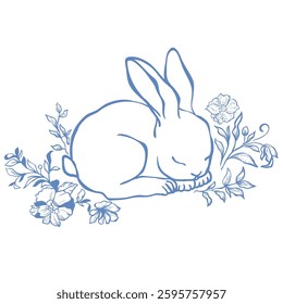 Cute Line Art Bunny with Florals. Vector Illustration.
