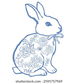 Cute Line Art Bunny with Florals. Vector Illustration.