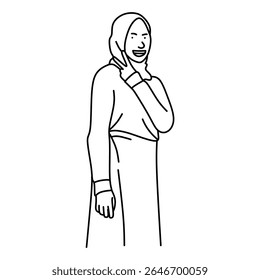 Cute line art cartoon design of a hijab women with two finger pose. Vector cartoon design