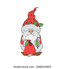 Cute line art cartoon gnome holding gift bag. Colorful Christmas character isolated on white background.