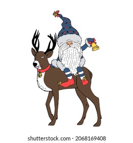 Cute line art cartoon gnome riding reindeer. Colorful Christmas character isolated on white background.