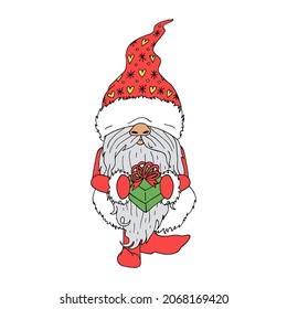 Cute line art cartoon gnome holding gift box. Colorful Christmas character isolated on white background.