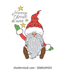 Cute line art cartoon gnome. Lettering merry Christmas. Colorful Christmas character isolated on white background.