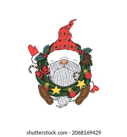 Cute line art cartoon gnome with wreath. Colorful Christmas character isolated on white background.