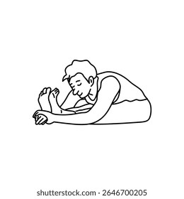 Cute line art cartoon of a man with paschimottanasana pose. Vector cartoon of a man doing yoga
