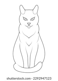 Cute line art cat illustration. Minimalistic simple coloring book with a cat. Lovely domestic cat black and white sketch illustration