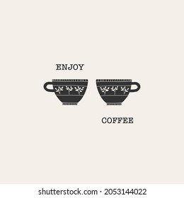Cute Line Art Coffee Cup couple composition. Hand drawing Coffee Mug with Floral decoration in scandinawian cozy style for poster, print, decor, t-shirt, design, logo. Vector illustration 