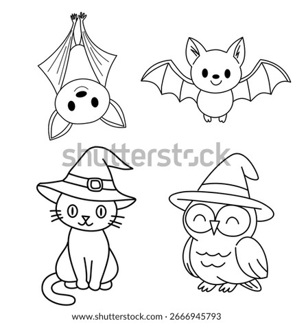 A cute line art collection of a witch cat, owl in witch hat, hanging spider, and flying bat. Perfect for Halloween coloring pages and craft designs.